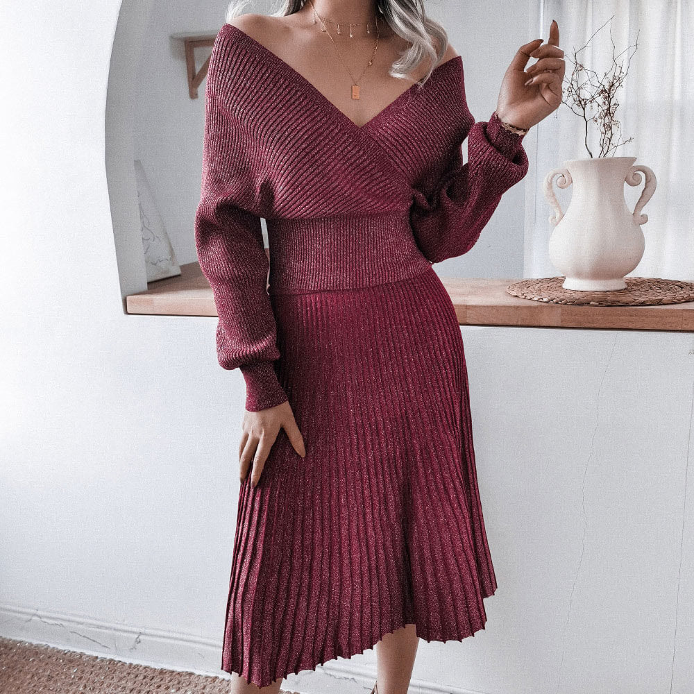 Vintage Ribbed Knit V Neck Sweater And Midi Skirt Matching Set