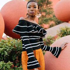 Vintage Black Ruffle Off Shoulder Long Sleeve Striped Knit Sweater