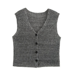 Vintage Style V Neck Button Down Cropped Texture Marl Knit Vest