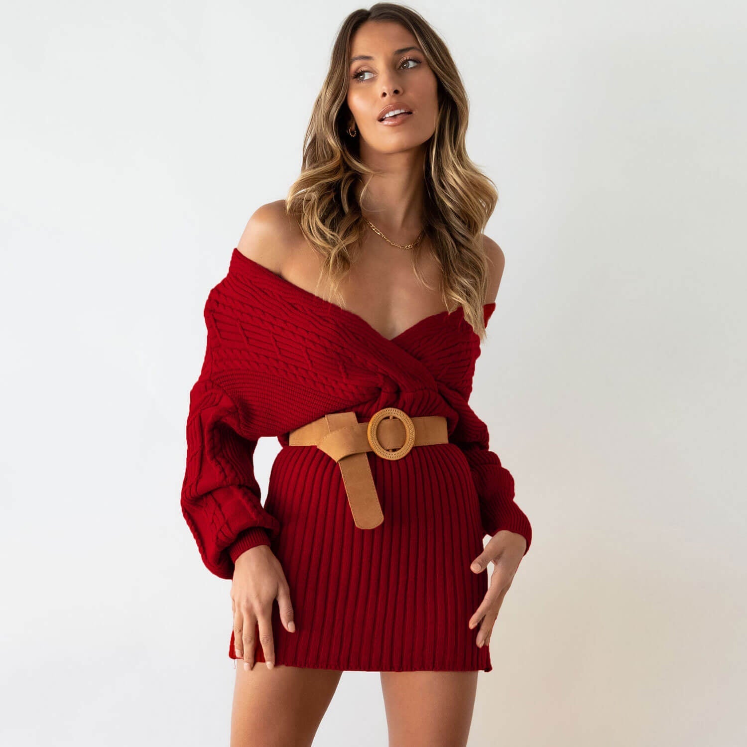 Vintage Wrap Off The Shoulder Chunky Cable Knit Sweater Mini Dress