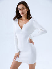 Ribbed Quarter Button-Front Long Sleeve Dress