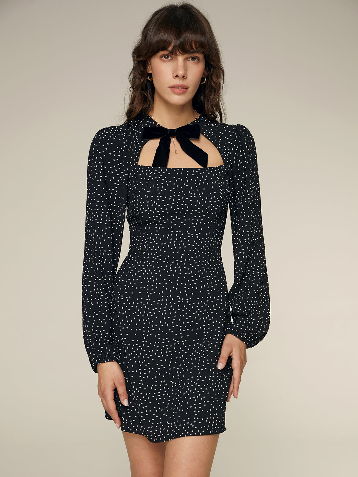 Tie Neck Long Sleeve Polka Dot Dress