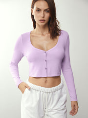 Cropped Button Front Mauve Long Sleeve Top