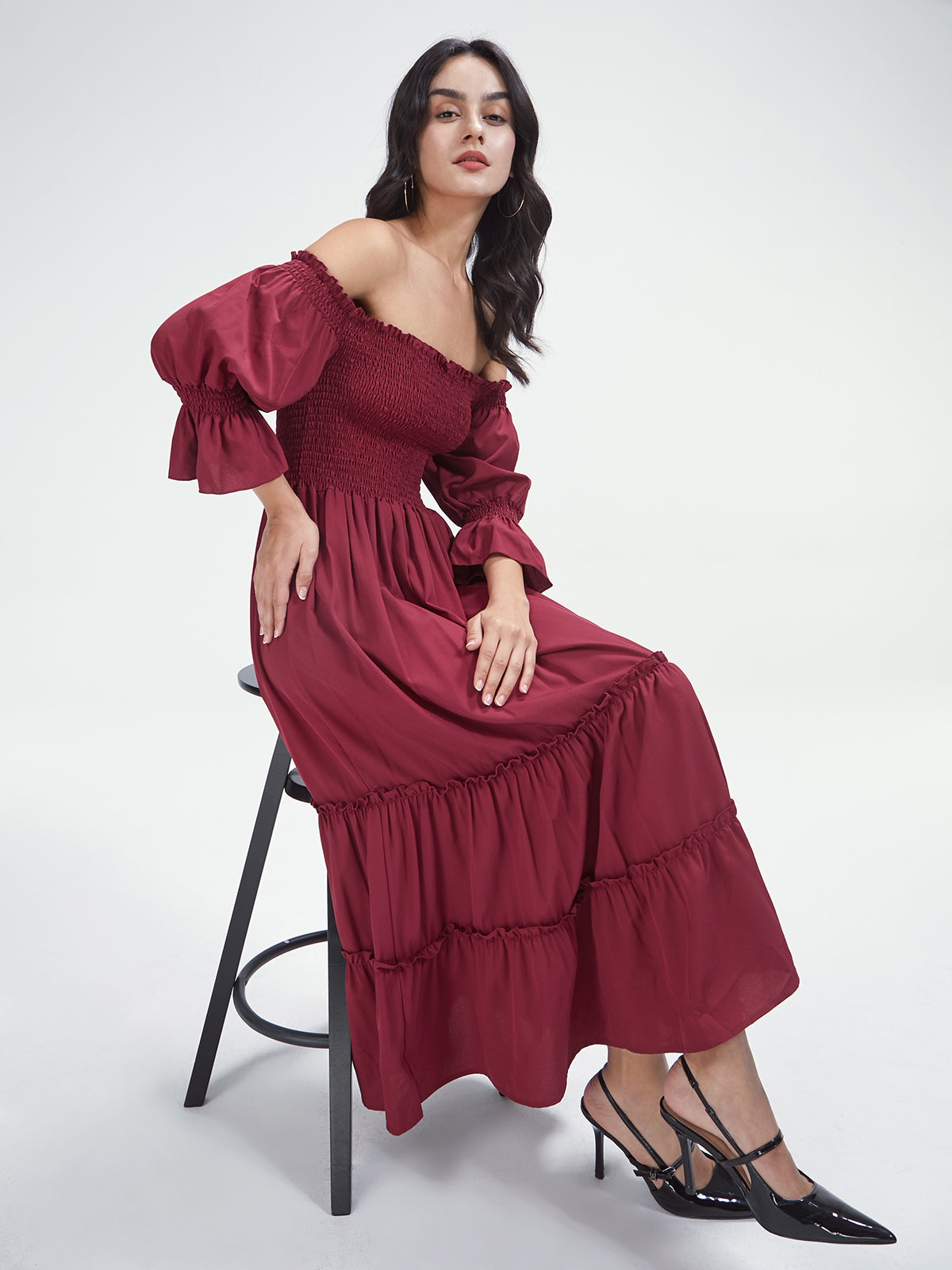 Off The Shoulder Long Puff Sleeve Layer Pleat Dress