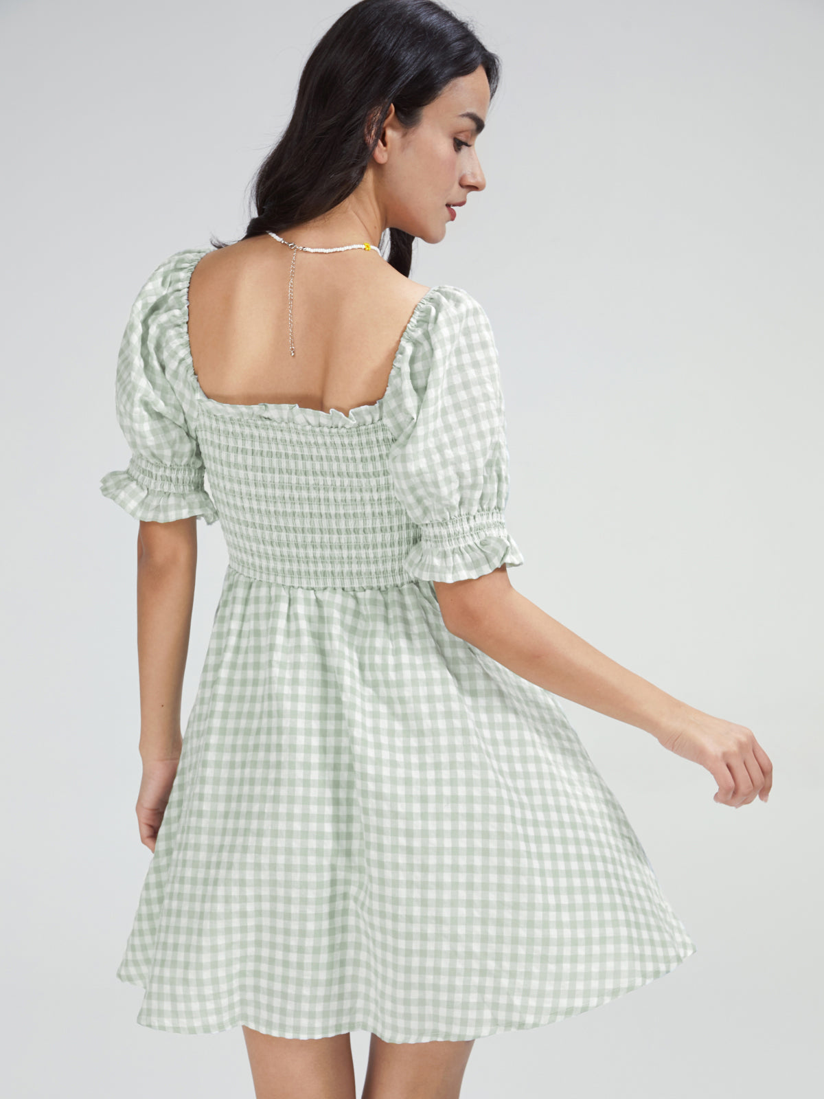 Square Neck Gingham Short Puff Sleeve Mini A Line Dress