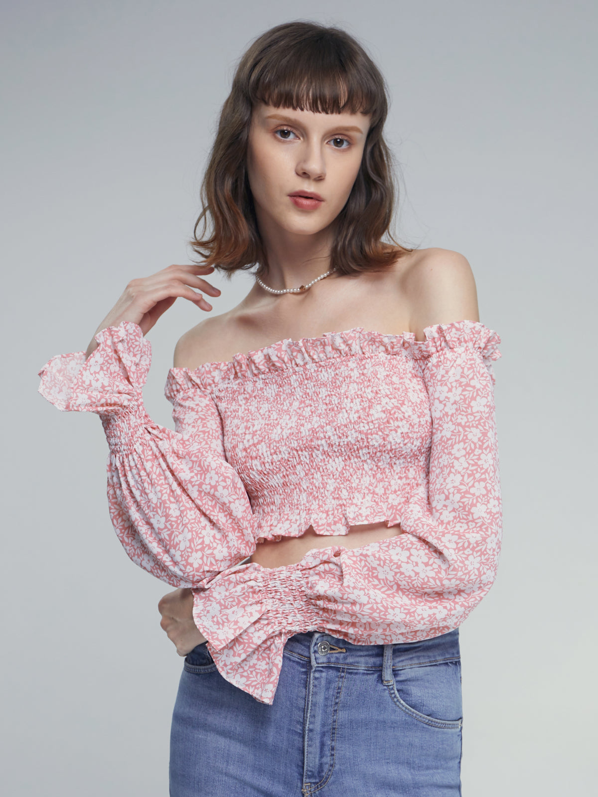 Off The Shoulder Floral Puff Sleeve Ruffle Top