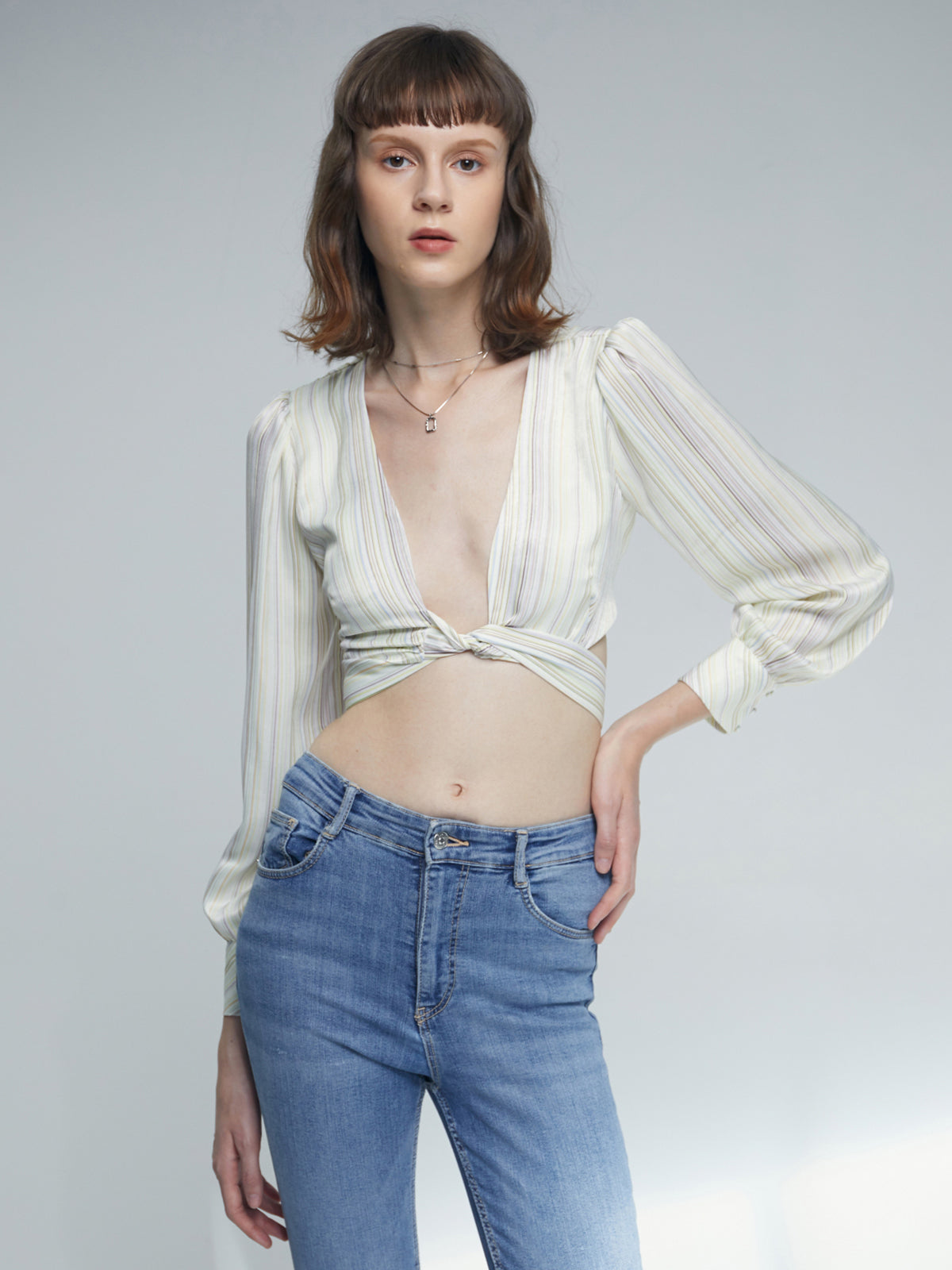 Twist Front Pointelle Design Long Sleeve Cropped Top