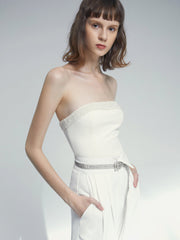 Straight Neck Strapless Top with Jewel Detail