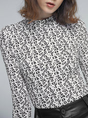 Black and White Spotted Mockneck Long Sleeve Top