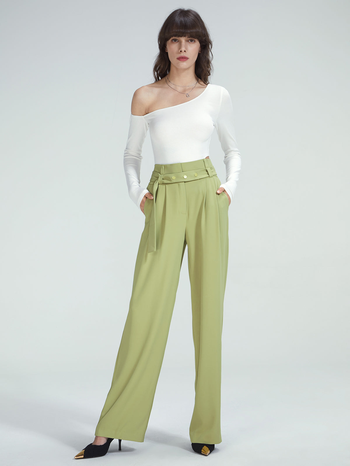 High Waisted Belted Pleat Front Trousers