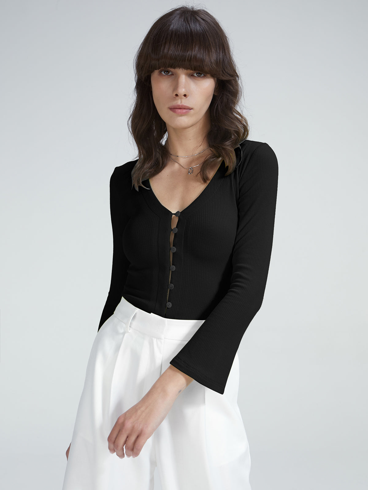Scoop Neck Button Front Long Sleeve Top