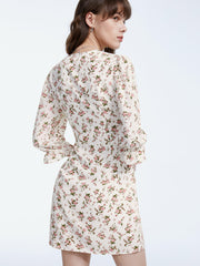 V Neck Double Button Short Sleeve Floral Mini Dress