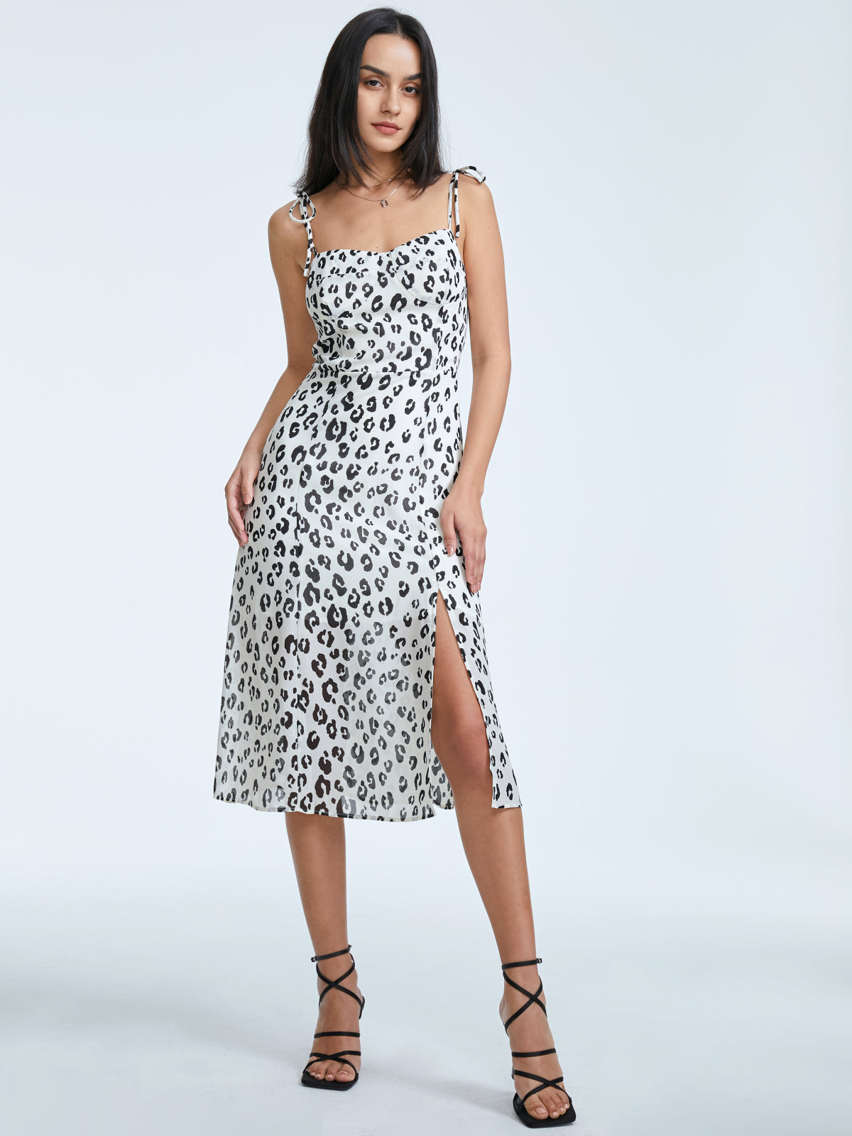 Square Neck Leopard Print Midi Strap Slit Dress