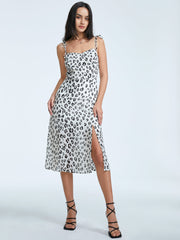 Square Neck Leopard Print Midi Strap Slit Dress