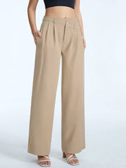 High Waisted Asymmetrical Pleat Front Wide Leg Trousers