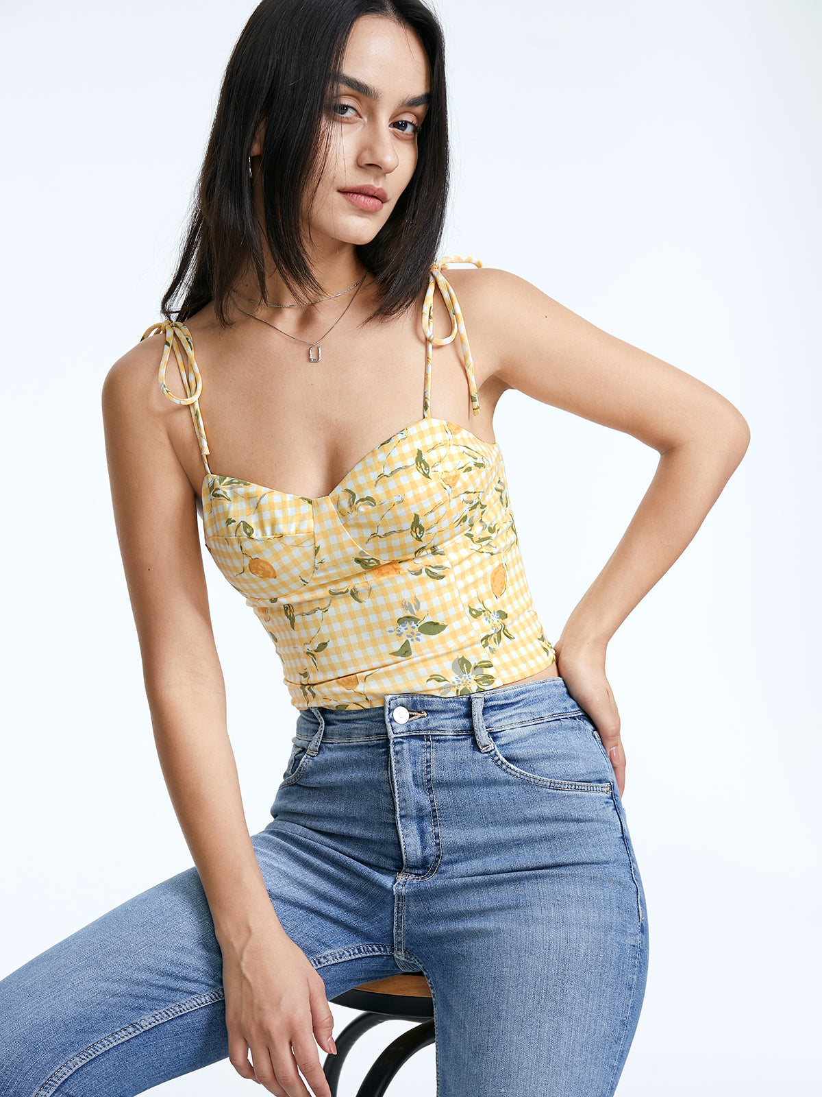 Cropped Lemon Gingham Sweetheart Tie Strap Tank Top