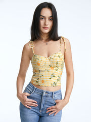 Cropped Lemon Gingham Sweetheart Tie Strap Tank Top