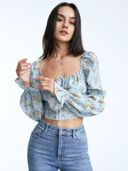 Square Ruche Neck Tie Front Long Puff Sleeve Cropped Floral Top