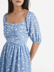 Square Neck Short Puff Sleeve Floral Cloud Midi A Line Dress