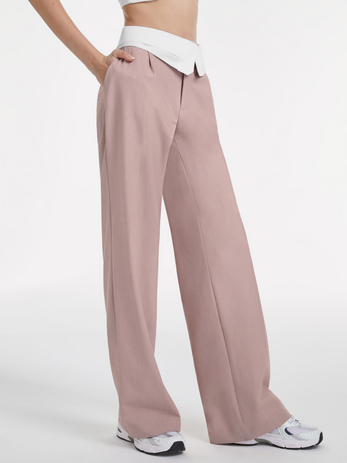 High Waisted Wide Leg Trousers with Contrast Flap Waist Band