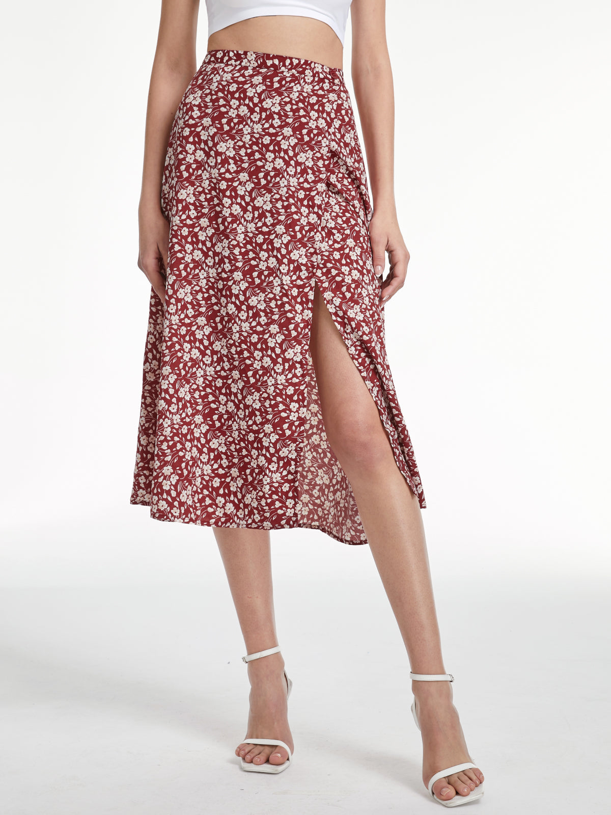 High Waisted Floral Slit Midi Skirt