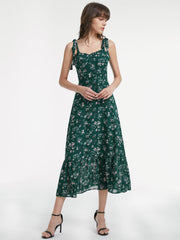 Wide Tie Strap Sweetheart Floral Dress With Ruffle Hem