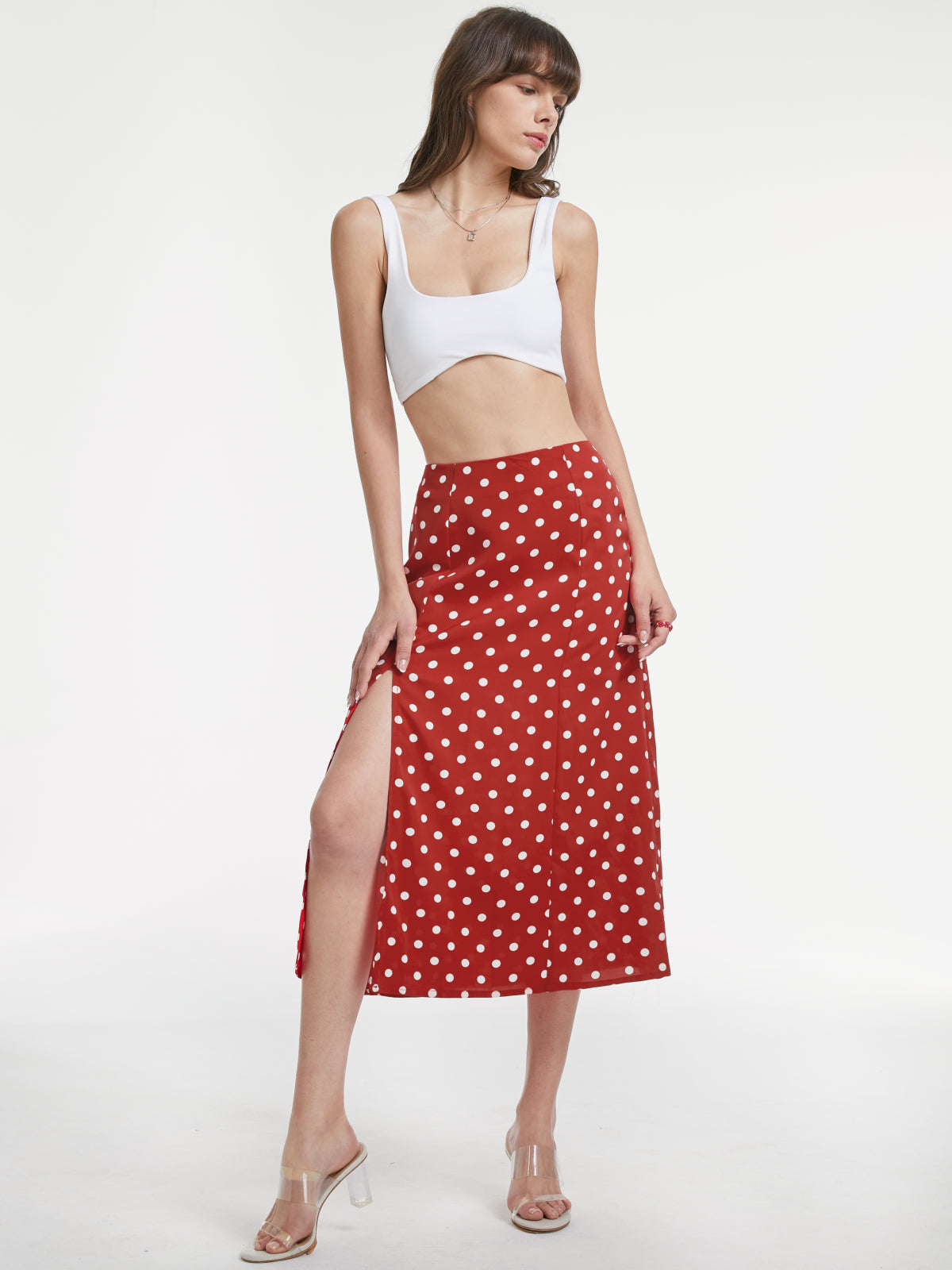 High Waisted Polka Dot Slit Midi Skirt