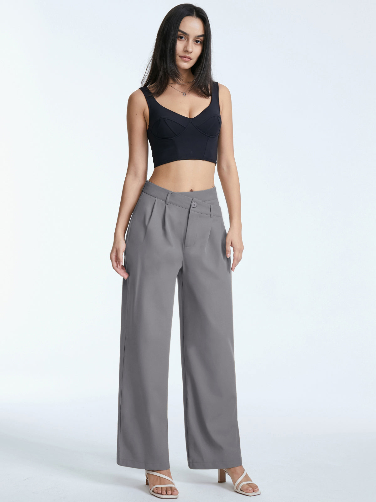 High Waisted Asymmetrical Pleat Front Wide Leg Trousers