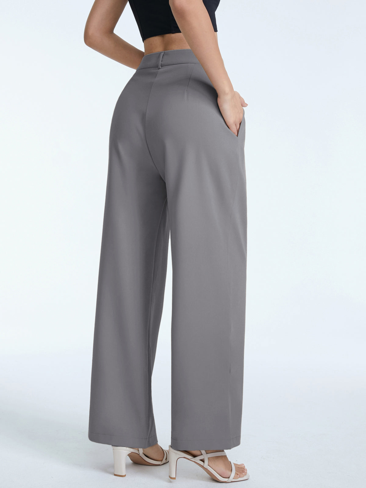 High Waisted Asymmetrical Pleat Front Wide Leg Trousers