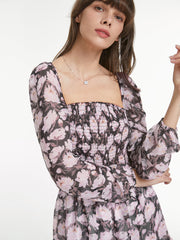 Mesh Long Sleeve Square Neck Tiered Short Floral Dress
