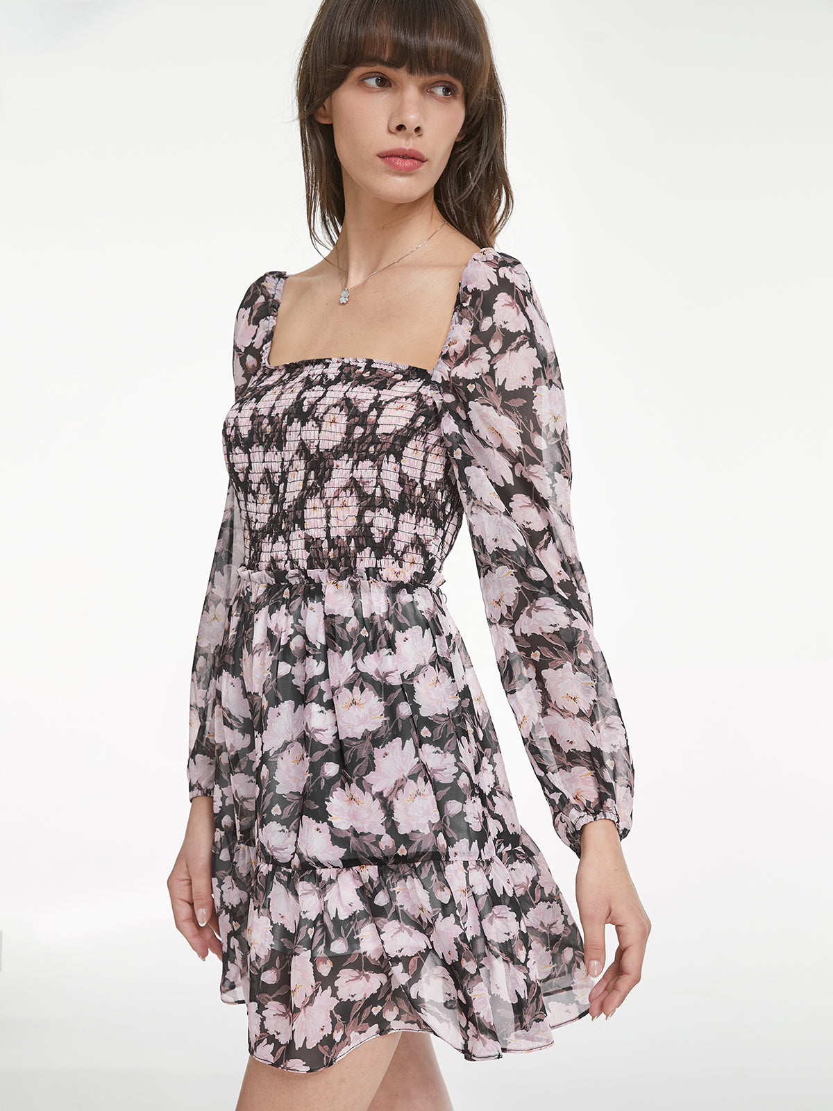 Mesh Long Sleeve Square Neck Tiered Short Floral Dress