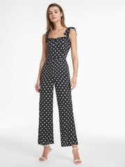 Square Neck Contrast Polka Dot Flare Leg Tank Jumpsuit