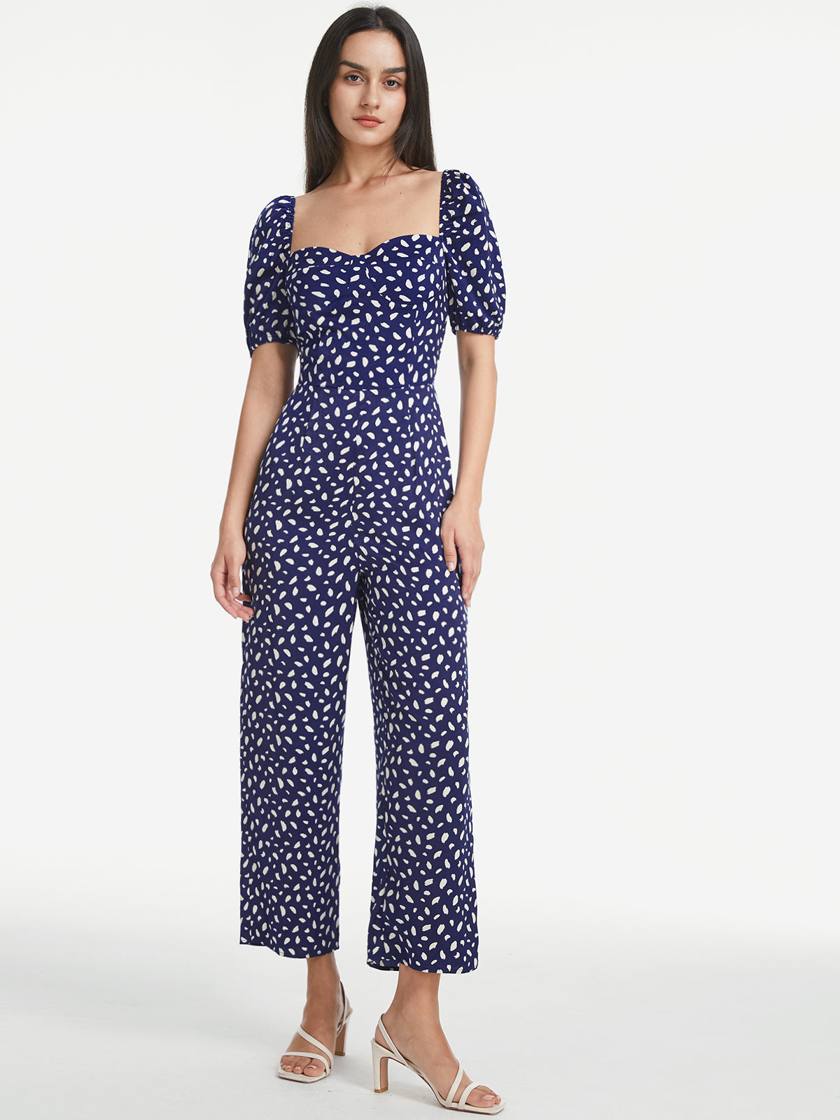 Petals Print Puff Sleeve Open Back Jumpsuit