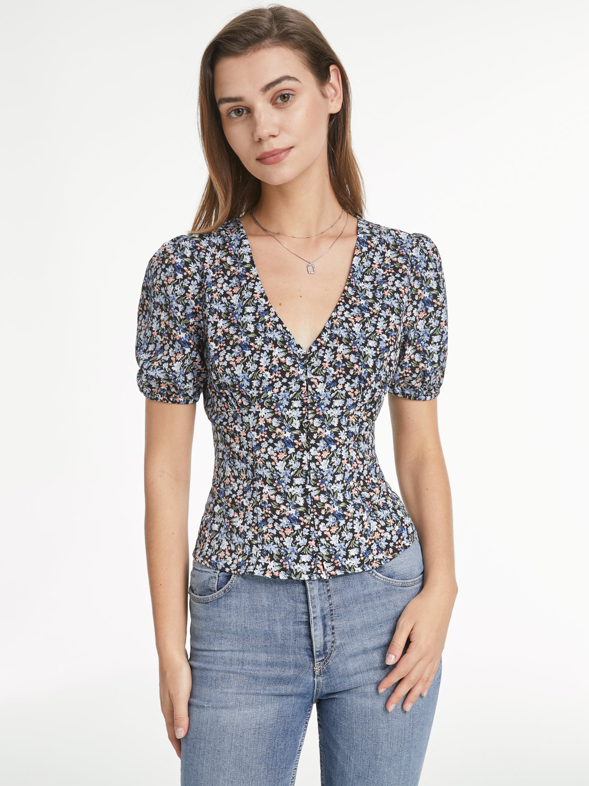 Short Puff Sleeve V Neck Multi Floral Top