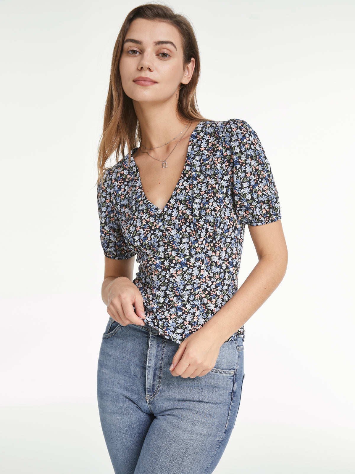 Short Puff Sleeve V Neck Multi Floral Top