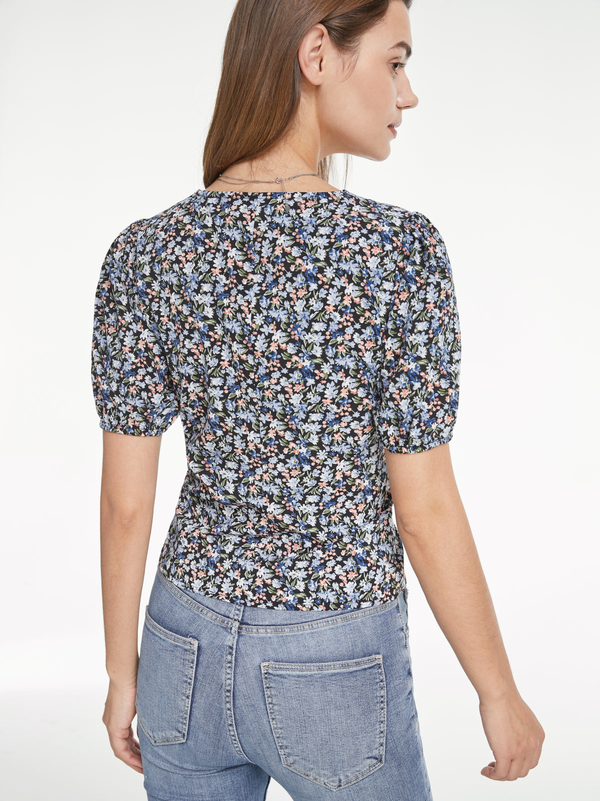 Short Puff Sleeve V Neck Multi Floral Top