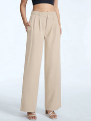 High Waisted Asymmetrical Pleat Front Wide Leg Trousers