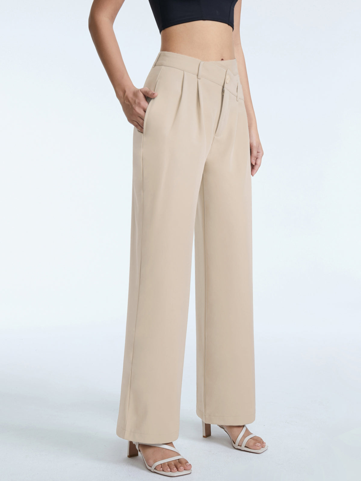 High Waisted Asymmetrical Pleat Front Wide Leg Trousers