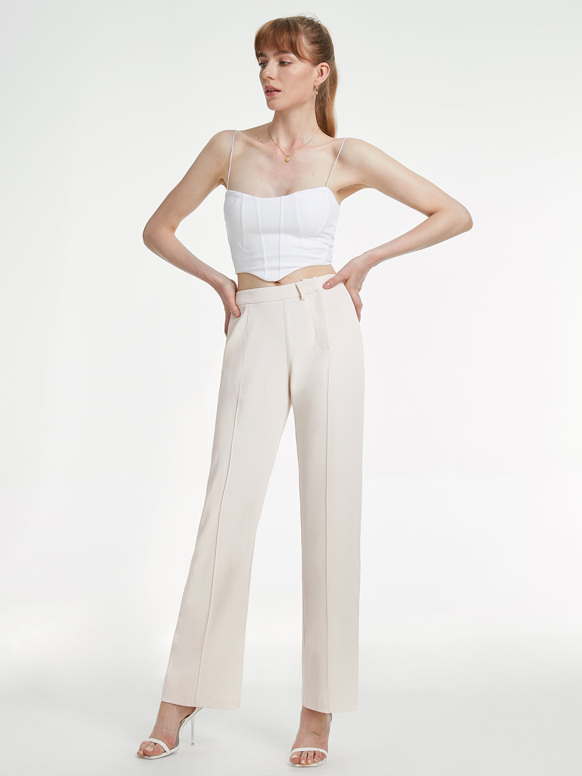 High Waisted Straight Leg Plain Trousers