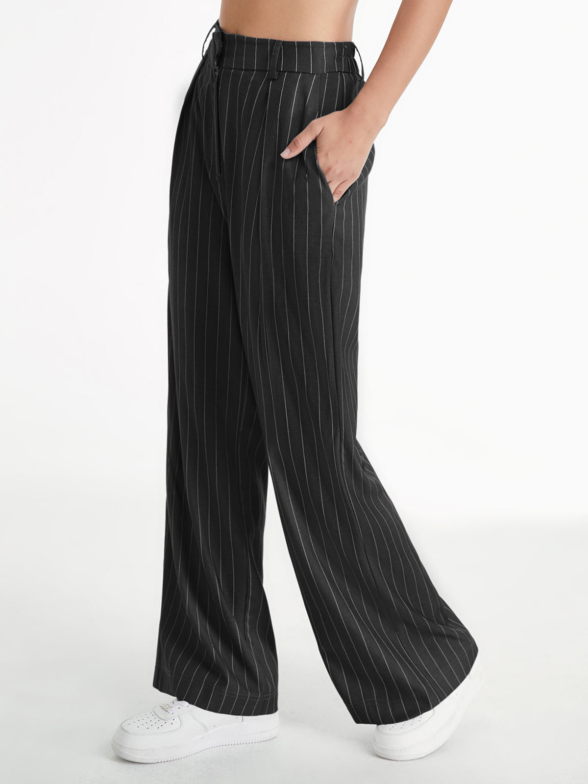 High Waisted 90s Pinstripe Pleat Front Wide Leg Trousers