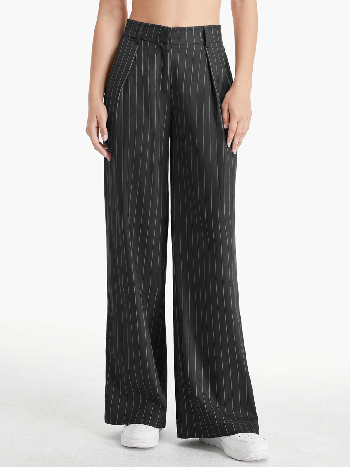 High Waisted 90s Pinstripe Pleat Front Wide Leg Trousers