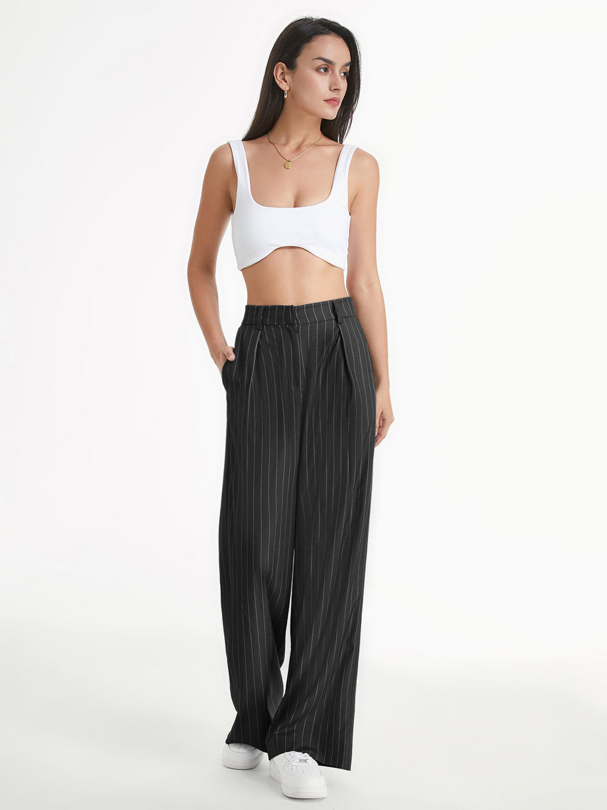 High Waisted 90s Pinstripe Pleat Front Wide Leg Trousers