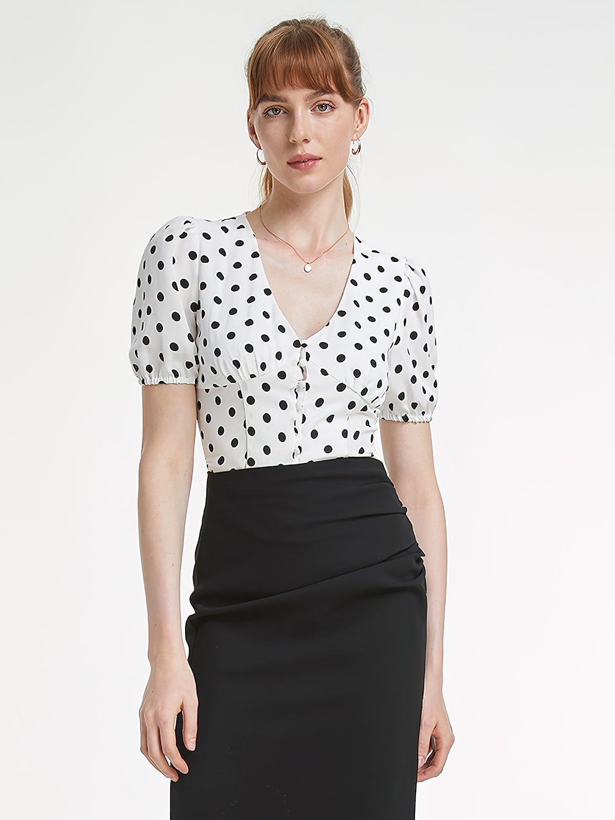 Short Sleeve V Neck Button Front Polka Dot Contour Top