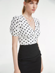 Short Sleeve V Neck Button Front Polka Dot Contour Top