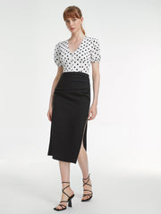 Short Sleeve V Neck Button Front Polka Dot Contour Top