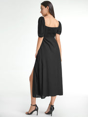 Square Neck Short Puff Sleeve Contour Midi Slit Dress