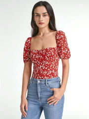 Square Neck Floral Love Short Sleeve Top