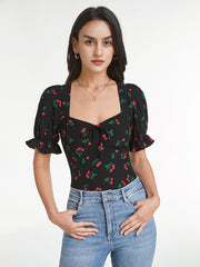 Sweetheart Puff Sleeve Cherry Contour Top