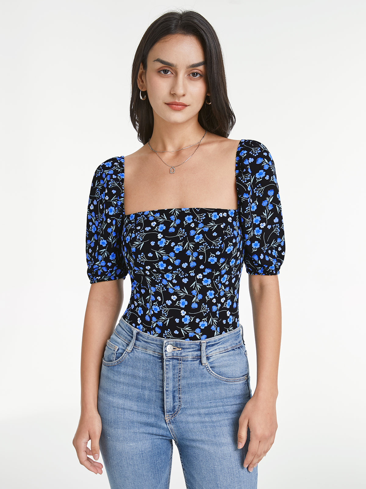 Square Neck Indigo Floral Short Puff Sleeve Top