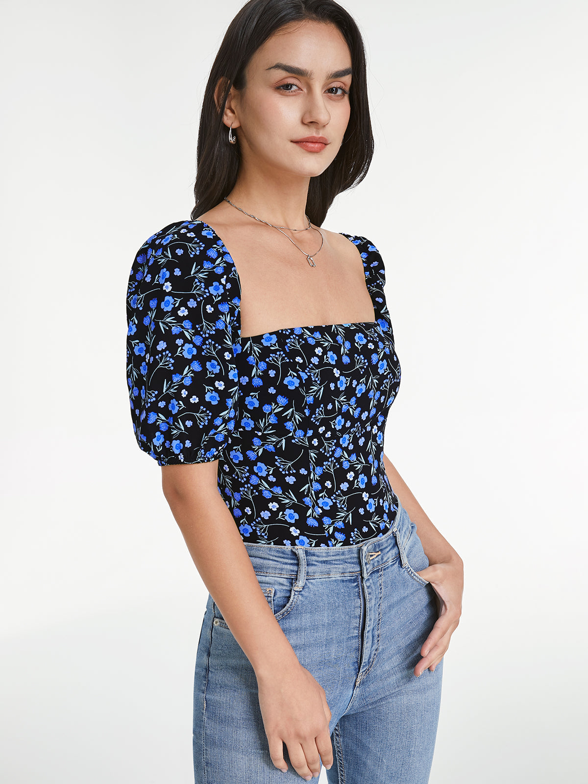 Square Neck Indigo Floral Short Puff Sleeve Top